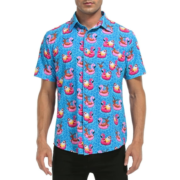 HDE Mens Hawaiian Christmas Button Down Shirts S-5XL Short Sleeve Tropical Shirt Pool Santa - 3XL