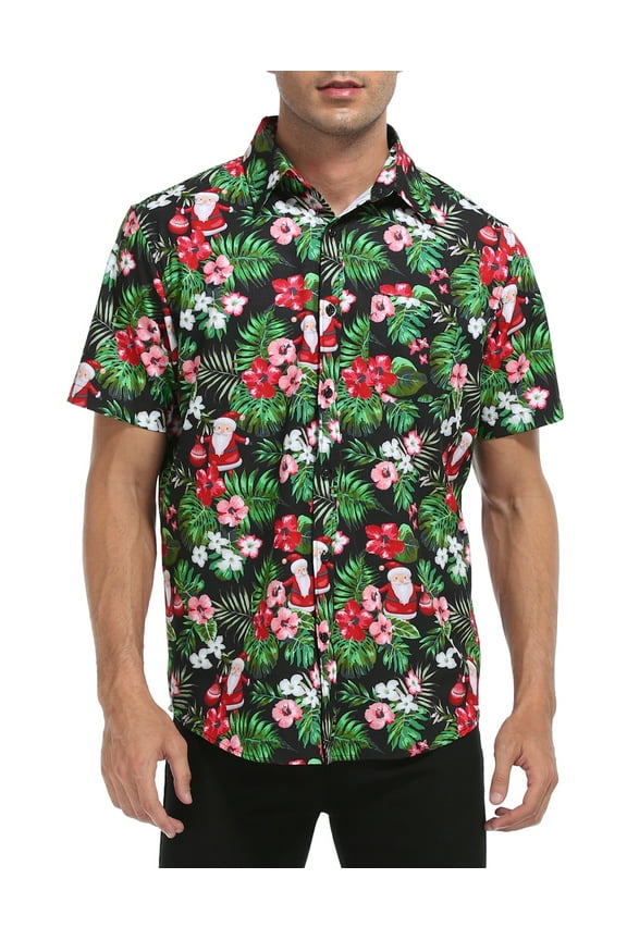 Mens Hawaiian Christmas Button Down Shirts S-5XL Short Sleeve Tropical Shirt Tropical Santa - XL