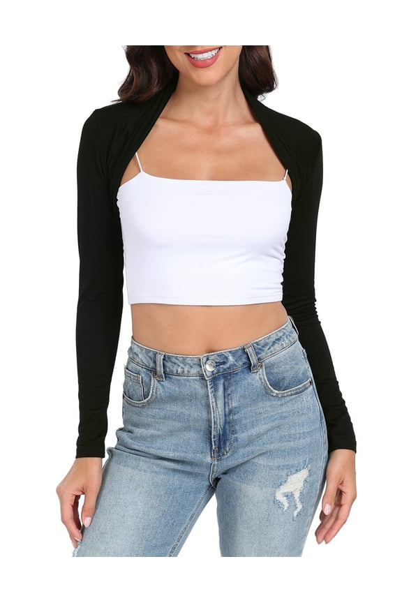 Open Front Shrugs for Women Long Sleeve Bolero Cropped Cardigan Sweater S-4X (Black)