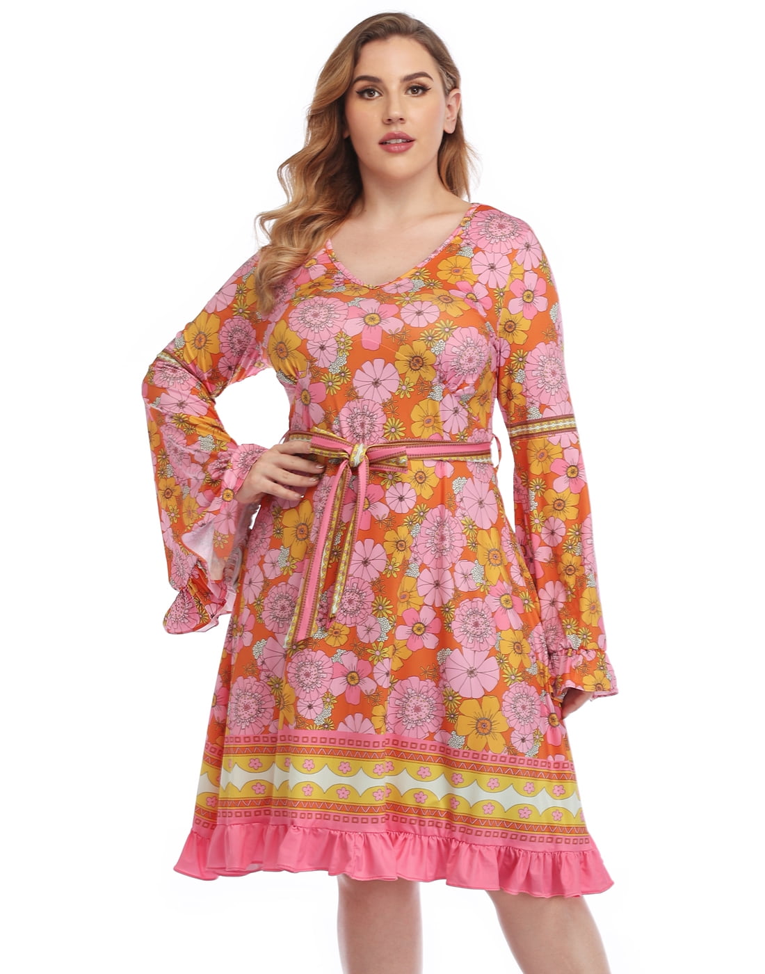 HDE Plus Size Bell Sleeve Dress Boho Vintage Hippie A line