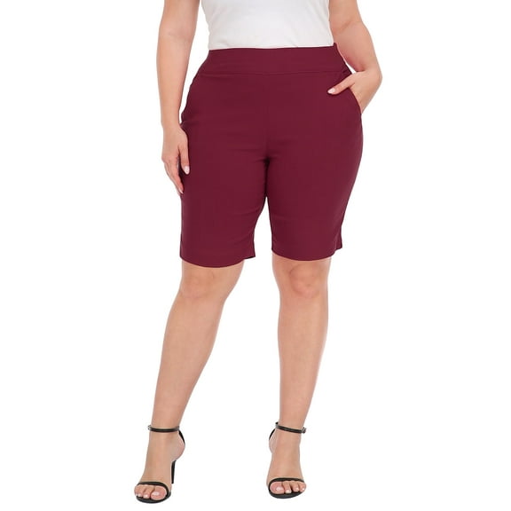 HDE Plus Size Bermuda Shorts Mid Rise 10" Inseam Pull On Shorts with Pockets Burgundy 4X