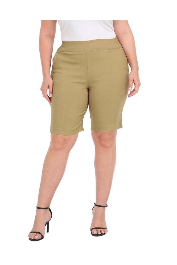 Plus Size Bermuda Shorts Mid Rise 10" Inseam Pull On Shorts with Pockets Dark Khaki 2X