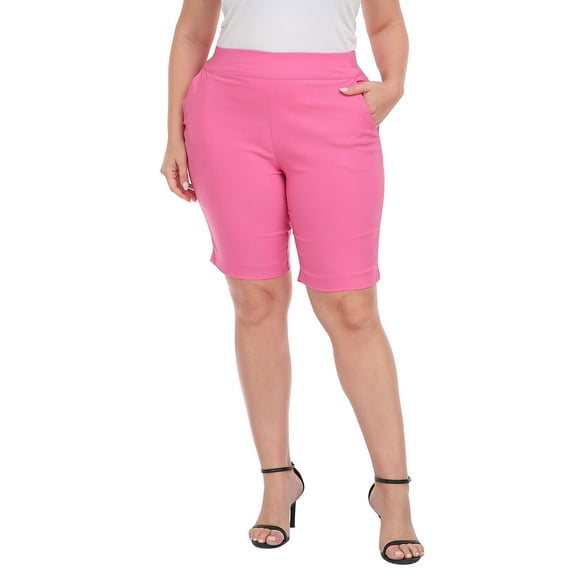 HDE Plus Size Bermuda Shorts Mid Rise 10" Inseam Pull On Shorts with Pockets Hot Pink 2X