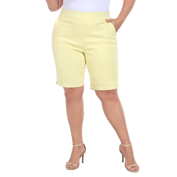 HDE Plus Size Bermuda Shorts Mid Rise 10" Inseam Pull On Shorts with Pockets Pale Yellow - 2X