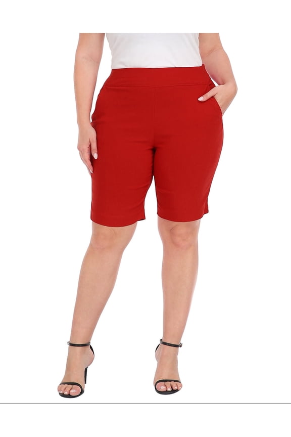 Plus Size Bermuda Shorts Mid Rise 10" Inseam Pull On Shorts with Pockets Red 2X