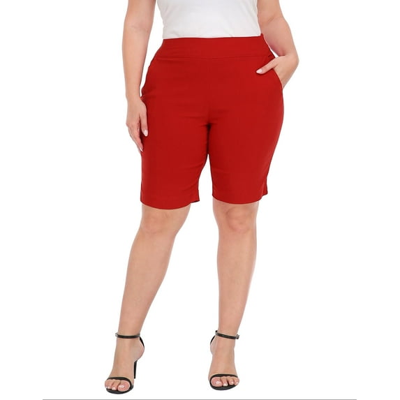 HDE Plus Size Bermuda Shorts Mid Rise 10" Inseam Pull On Shorts with Pockets Red 4X