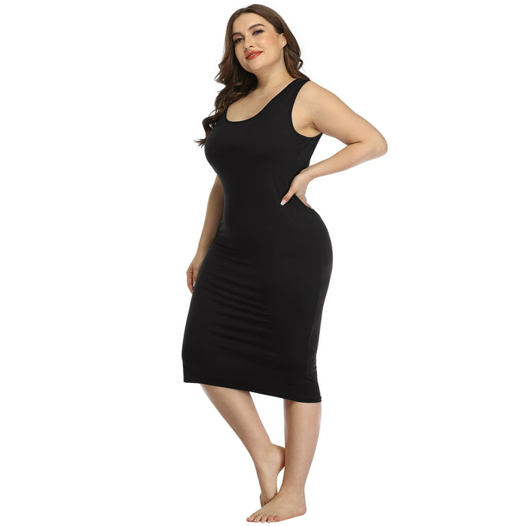 HDE Plus Size Bodycon Midi Dress Casual Fitted Jersey Tank Everyday  Sundress Black 14-16 Plus