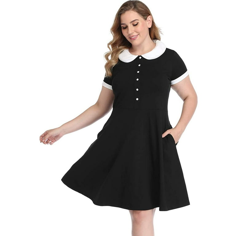 Hde Plus Size Peter Pan Collar Dress Fit and Flare Collared Casual Skater Dress Black