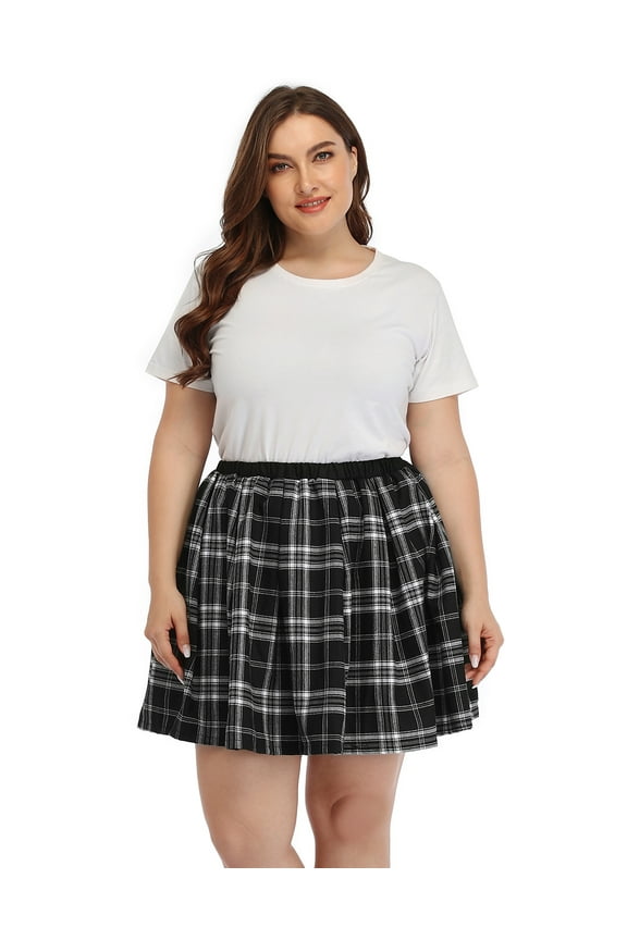 Plus Size Plaid Skirt Lingerie Pleated Mini Skater Skirts (Black and White Plaid, 22-24)