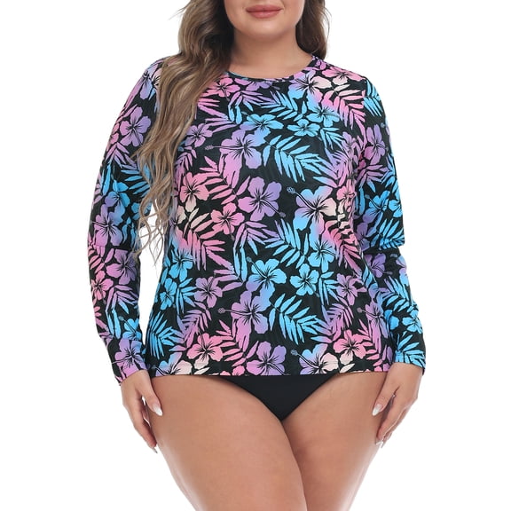 HDE Plus Size Rash Guard for Women UPF 50 Quick Dry Long Sleeve Swim Top Hawaiian Black - 2X