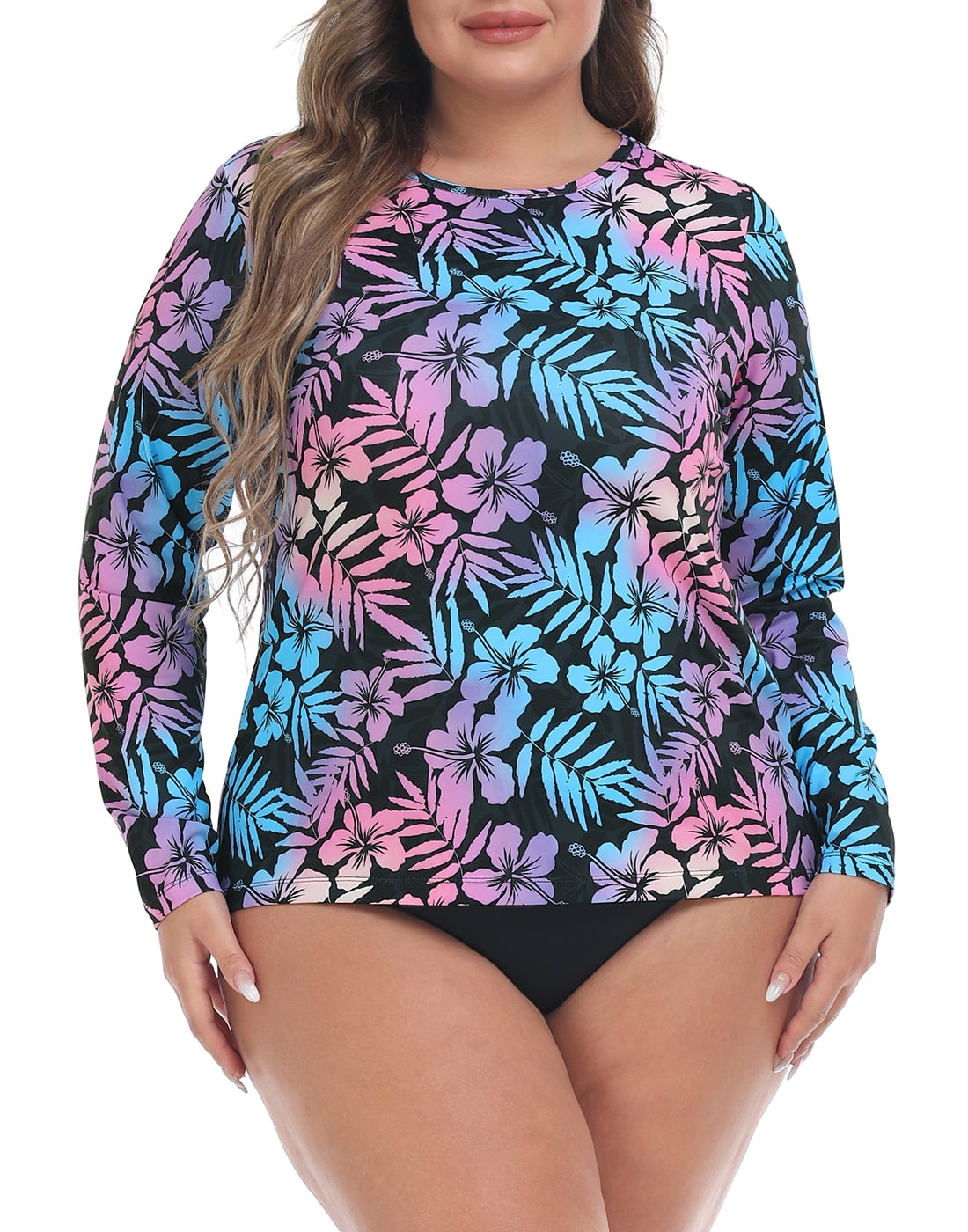 Asoul Women's Plus Size Rash Guard Color Block Long Sleeve Zip