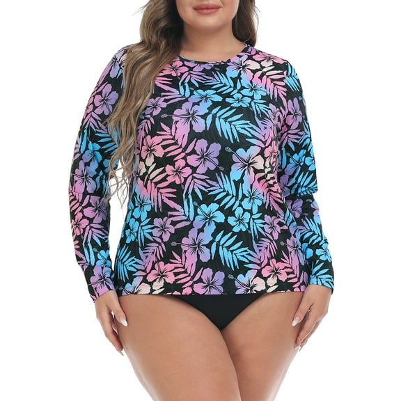 HDE Plus Size Rash Guard for Women UPF 50 Quick Dry Long Sleeve Swim Top Hawaiian Black - 3X
