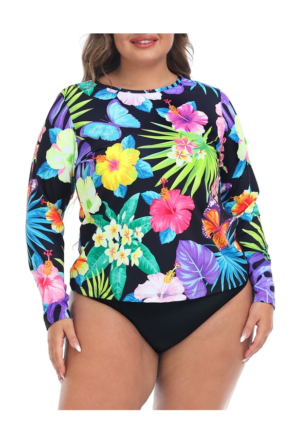 Plus Size Rash Guard for Women UPF 50 Quick Dry Long Sleeve Swim Top Retro Paradise - 3X