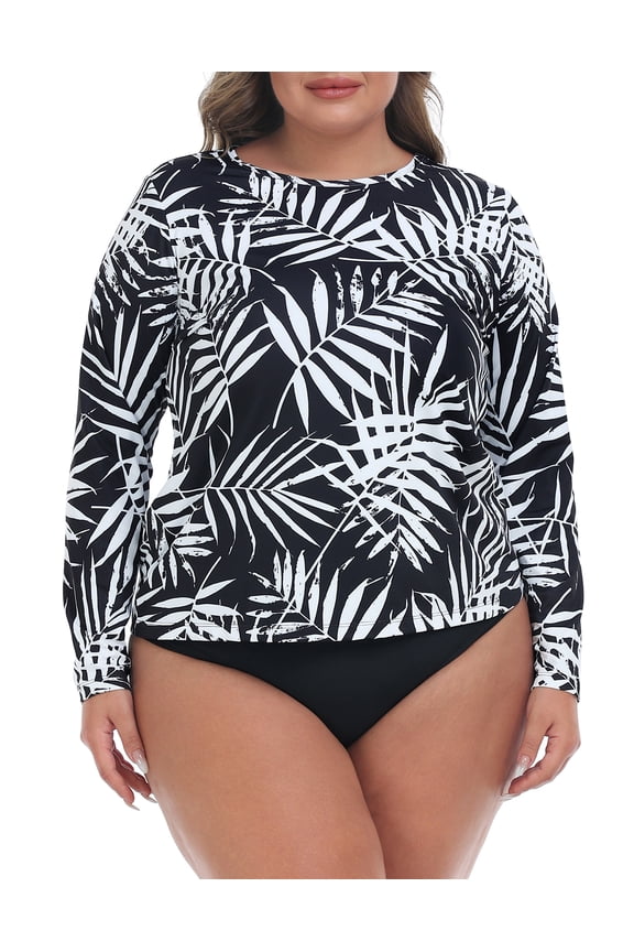 Plus Size Rash Guard for Women UPF 50 Quick Dry Long Sleeve Swim Top Tropical Black - 3X