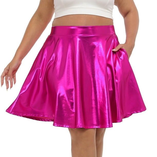 HDE Plus Size Shiny Metallic Skater Skirt High Waisted Holographic