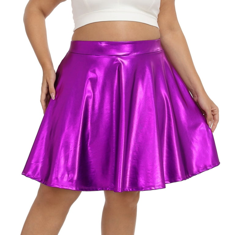 HDE Plus Size Shiny Metallic Skater Skirt High Waisted Holographic