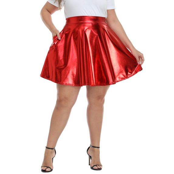 HDE Plus Size Shiny Metallic Skater Skirt High Waisted Holographic Pleated Skirt Red 3X