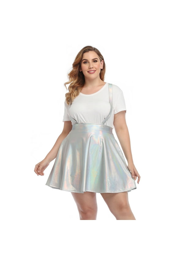Plus Size Shiny Metallic Suspender Skirt High Waisted Holographic Rave Skirt (Holographic Silver, 4X)