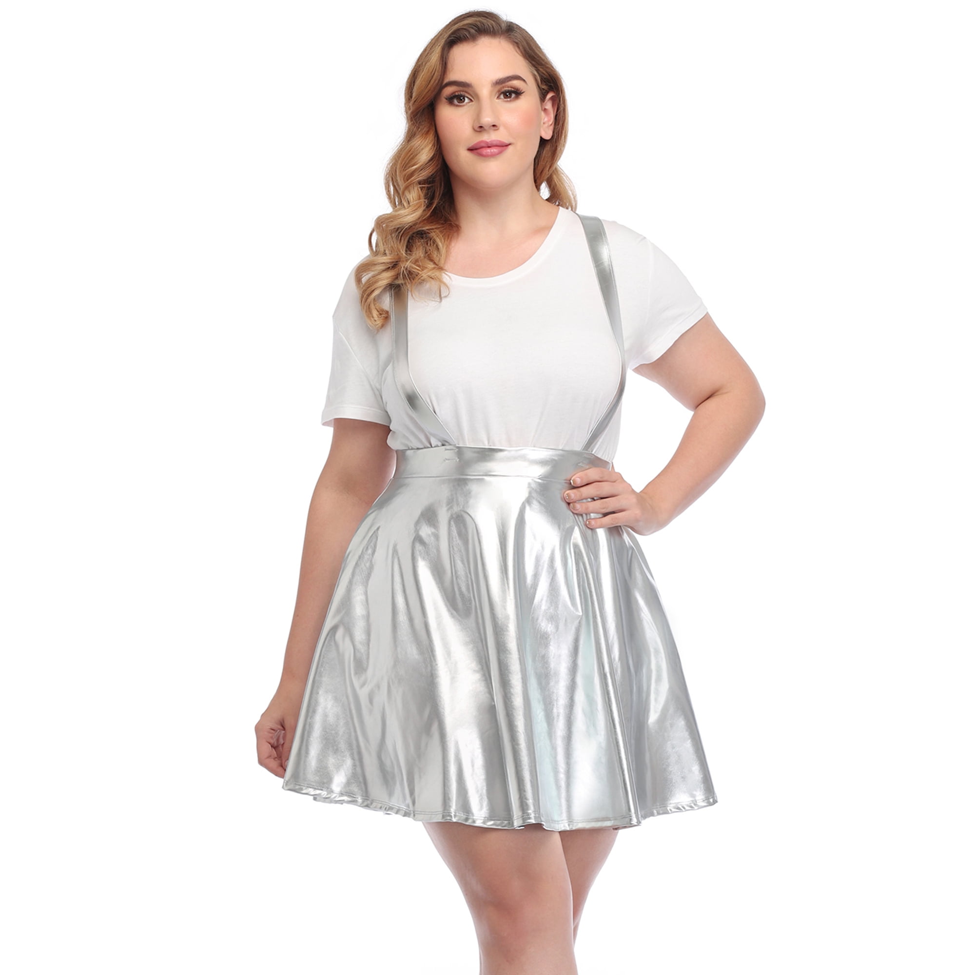 HDE Plus Size Shiny Metallic Suspender Skirt High Waisted Holographic Rave Skirt (Space Silver, 4X)