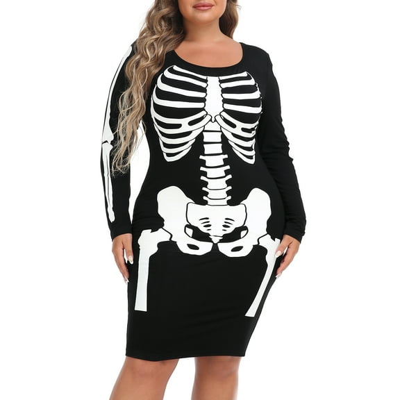 HDE Plus Size Skeleton Dress Stretchy Long Sleeve Halloween Costume 3X