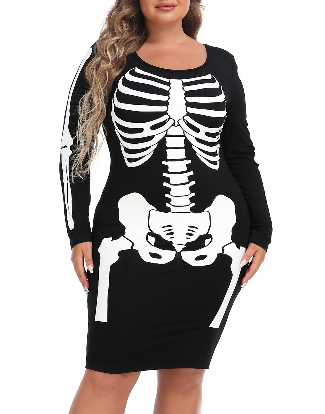 HDE & Scary Plus Size Skeleton Dress, Stretchy Long Sleeve Halloween ...