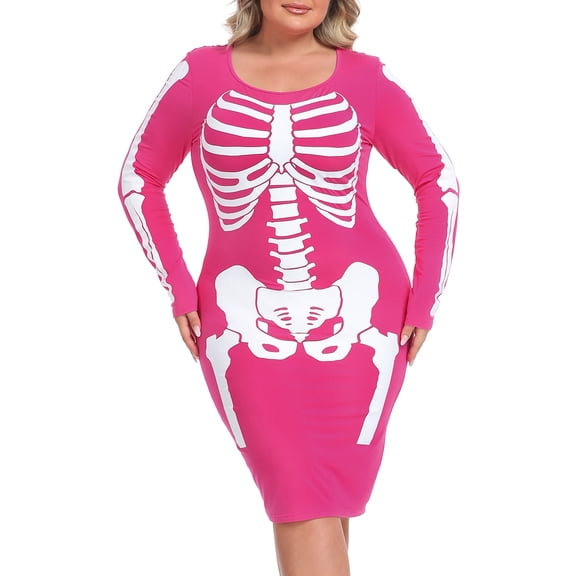 HDE Plus Size Skeleton Dress Stretchy Long Sleeve Halloween Costume Hot Pink 4X