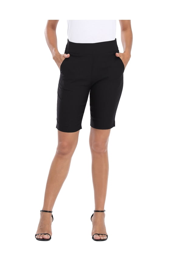 Pull On Bermuda Shorts For Women Mid Rise 10" Inseam Shorts with Pockets Black - M
