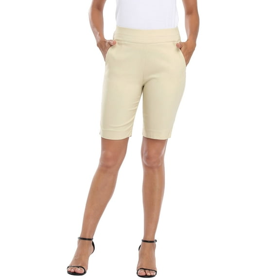 HDE Pull On Bermuda Shorts For Women Mid Rise 10" Inseam Shorts with Pockets Khaki - M