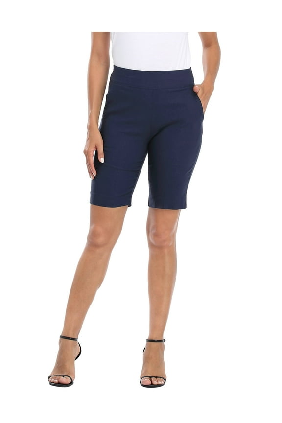 Pull On Bermuda Shorts For Women Mid Rise 10" Inseam Shorts with Pockets Navy - S