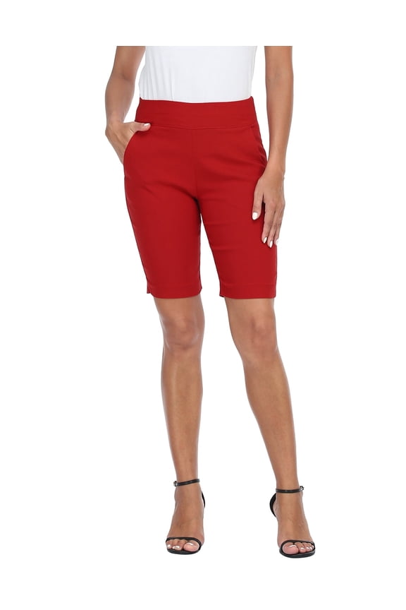 Pull On Bermuda Shorts For Women Mid Rise 10" Inseam Shorts with Pockets Red M