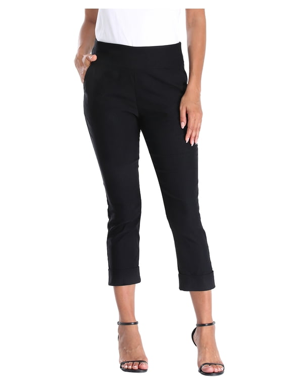 Pull On Capri Pants For Women with Pockets Elastic Waist Cropped Pants Black - L
