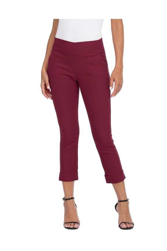 Pull On Capri Pants For Women with Pockets Elastic Waist Cropped Pants Burgundy L