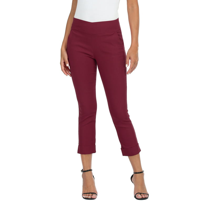 HDE Pull On Capri Pants For Women with Pockets Elastic Waist Cropped Pants  Burgundy M 