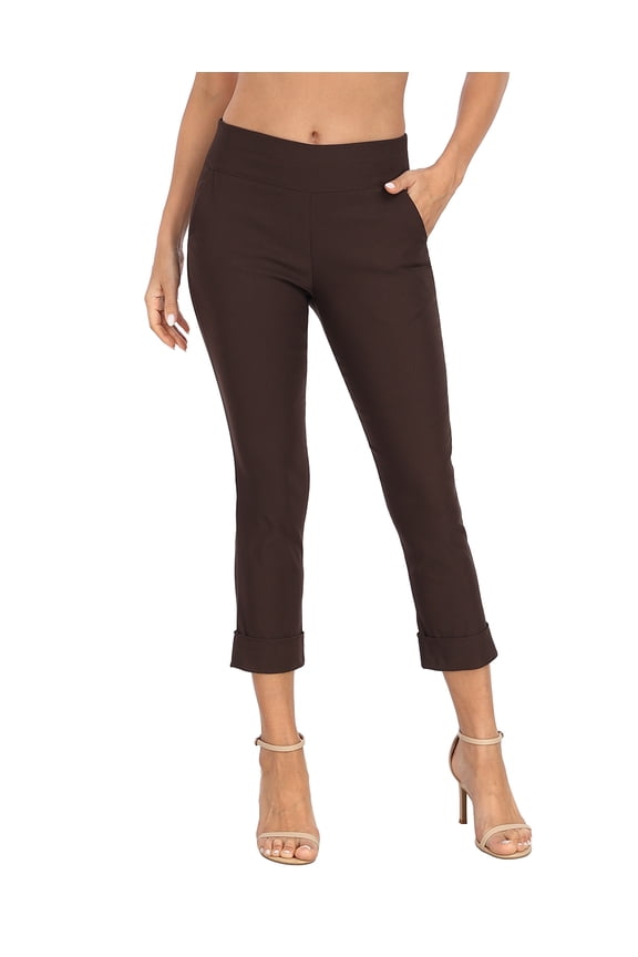 Pull On Capri Pants For Women with Pockets Elastic Waist Cropped Pants Dark Brown - M