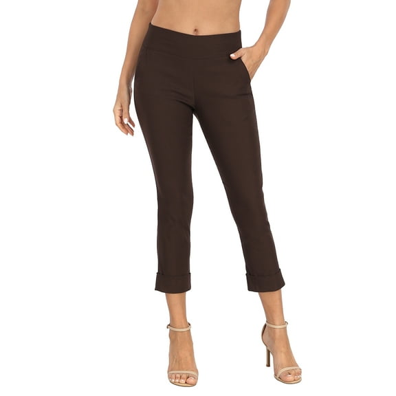HDE Pull On Capri Pants For Women with Pockets Elastic Waist Cropped Pants Dark Brown - XL