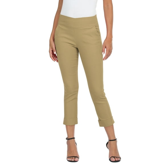 HDE Pull On Capri Pants For Women with Pockets Elastic Waist Cropped Pants Dark Khaki XL