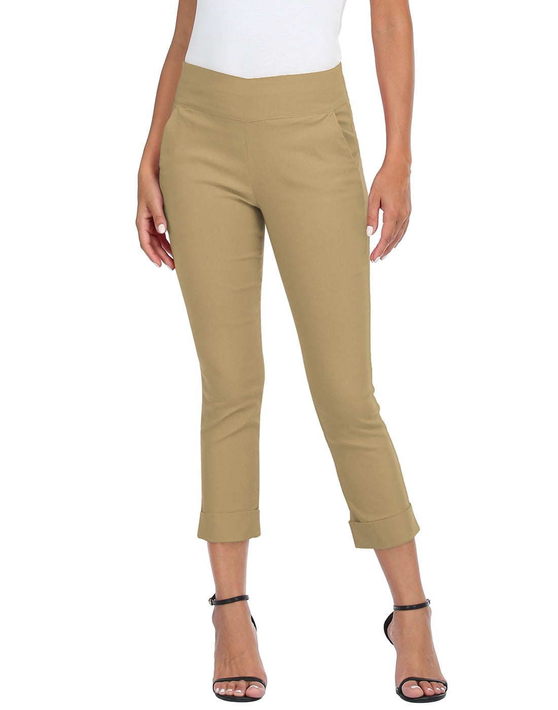 HDE Pull On Capri Pants For Women with Pockets Elastic Waist Cropped Pants Dark Khaki XXL
