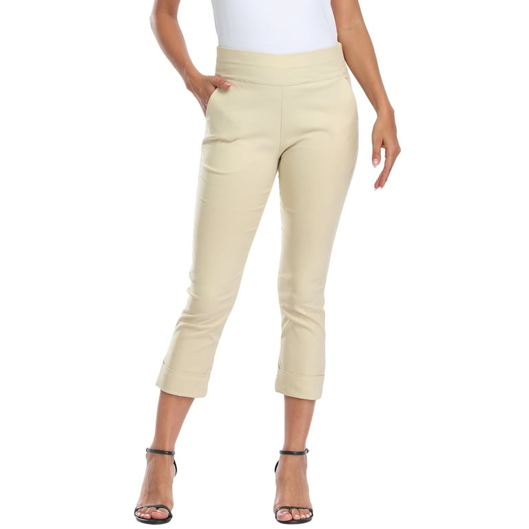 HDE Pull On Capri Pants For Women with Pockets Elastic Waist Cropped Pants  Khaki - L
