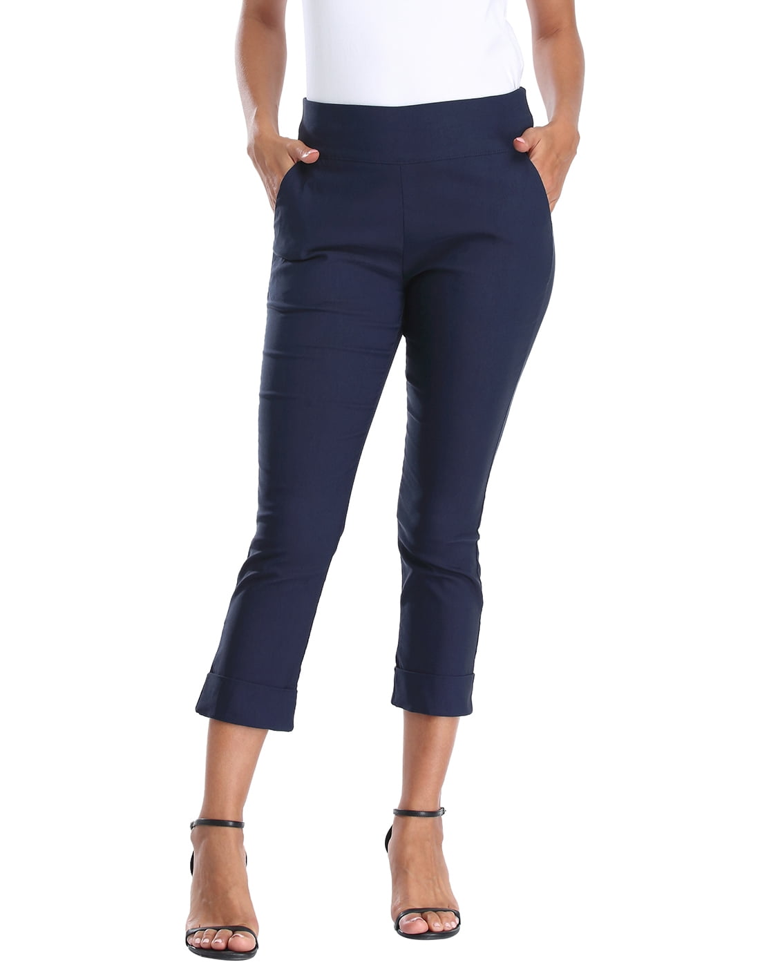 HDE Pull On Capri Pants For Women with Pockets Elastic Waist Cropped Pants  Navy Blue - L