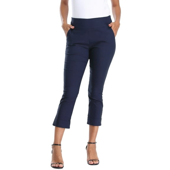 HDE Pull On Capri Pants For Women with Pockets Elastic Waist Cropped Pants Navy Blue - S