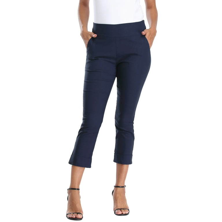 HDE Pull On Capri Pants For Women with Pockets Elastic Waist Cropped Pants  Navy Blue - S 