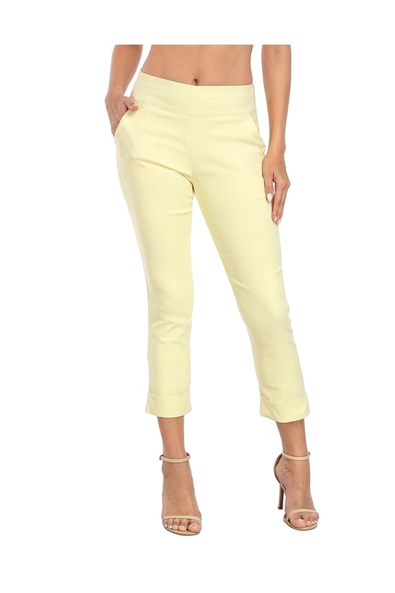 Pull On Capri Pants For Women with Pockets Elastic Waist Cropped Pants Pale Yellow - L