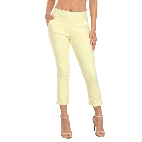 HDE Pull On Capri Pants For Women with Pockets Elastic Waist Cropped Pants Pale Yellow - XXL
