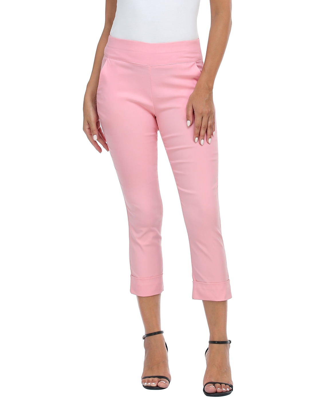 HDE Pull On Capri Pants For Women with Pockets Elastic Waist Cropped Pants  Pink M 