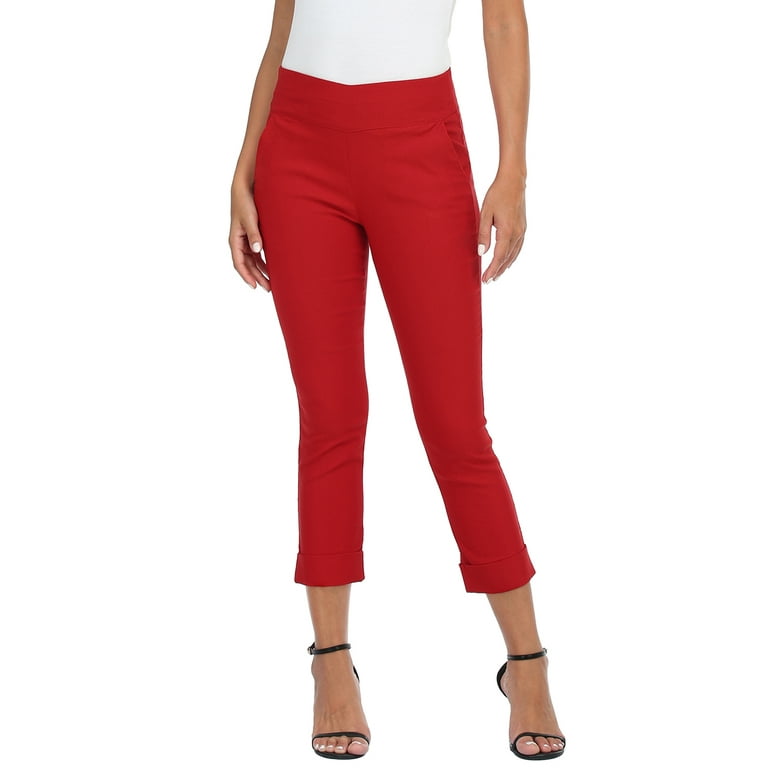HDE Pull On Capri Pants For Women with Pockets Elastic Waist Cropped Pants  Red M