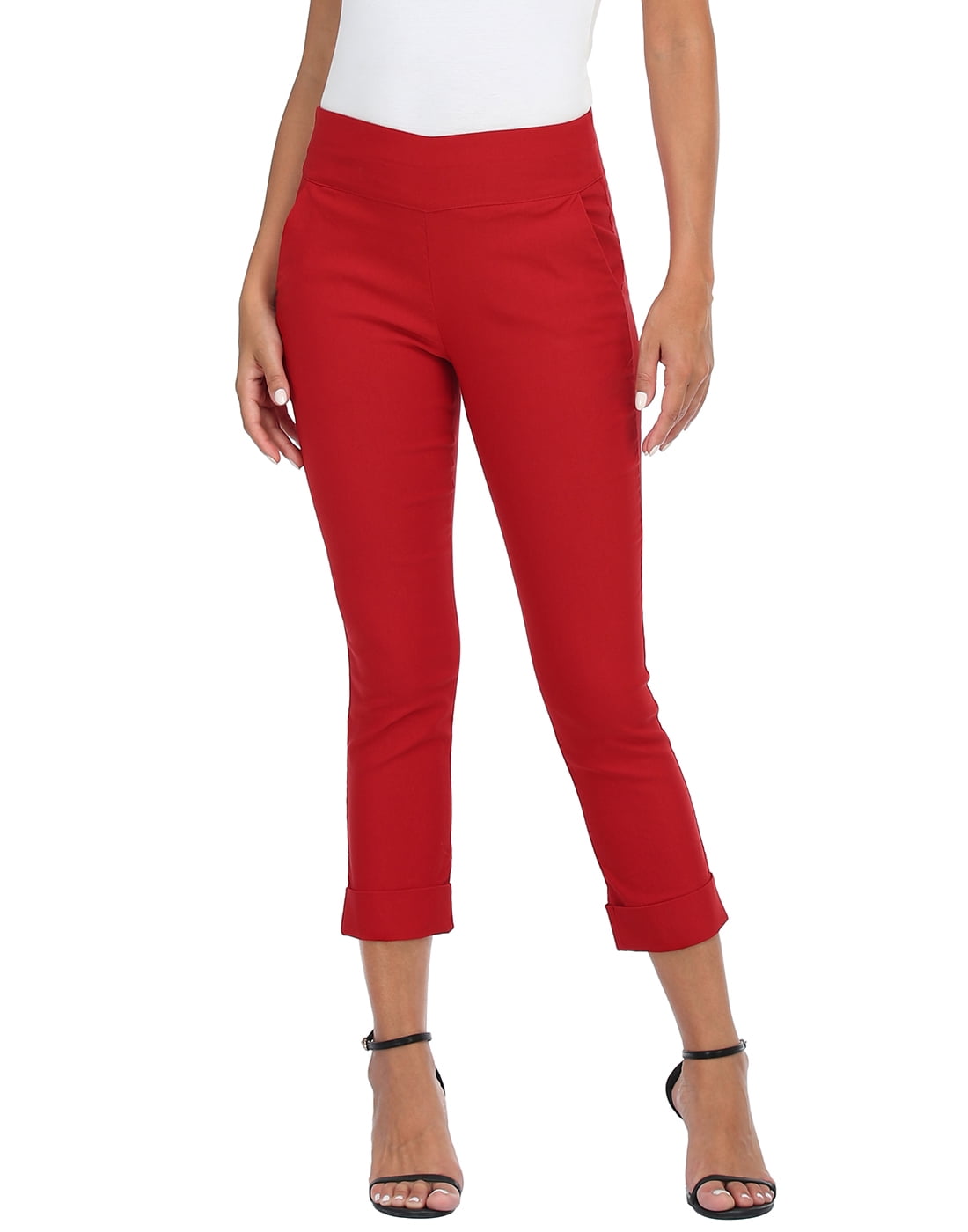 HDE Pull On Capri Pants For Women with Pockets Elastic Waist Cropped Pants  Red XXL 