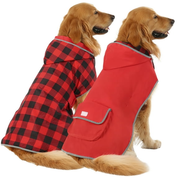 HDE Reversible Dog Raincoat Hooded Slicker Poncho Rain Coat Jacket for Small Medium Large Dogs Buffalo Plaid / Red L