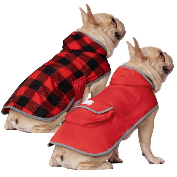 HDE Reversible Dog Raincoat Hooded Slicker Poncho Rain Coat Jacket for Small Medium Large Dogs Buffalo Plaid / Red M