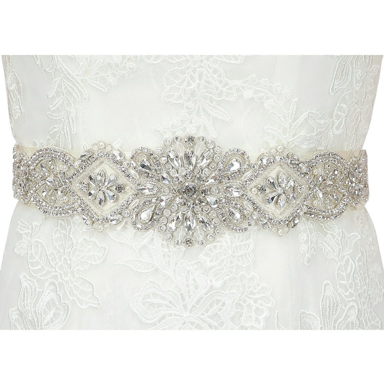HDE Rhinestone Wedding Bridal Belts and Sashes with Ribbon for Bridal Gown  Dress - White 