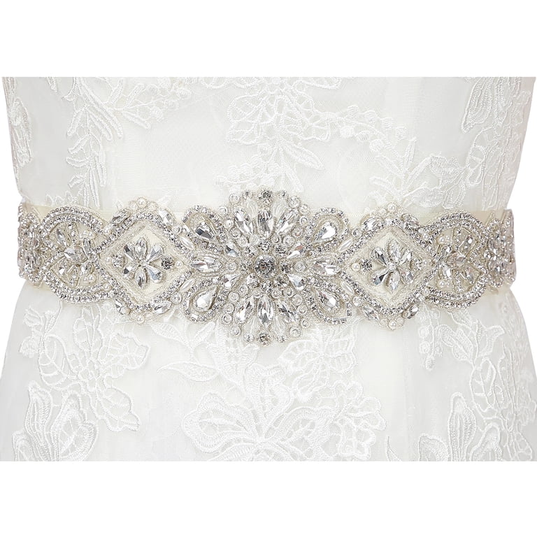 Bridal Gown Accessory Rhinestone Bridal Belt Sash  Crystal Pearl Wedding  Dress Belt For Gowns, 13.6x2 Inch With Ribbon Wedding Sash Belt